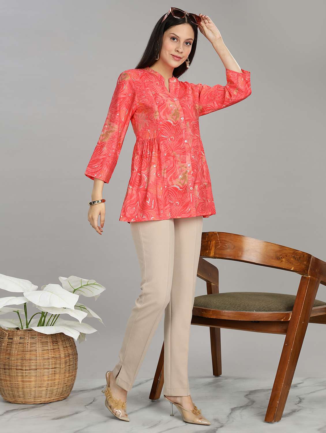 women printed three quarter sleeve ethnic top - 22007727 -  Standard Image - 4