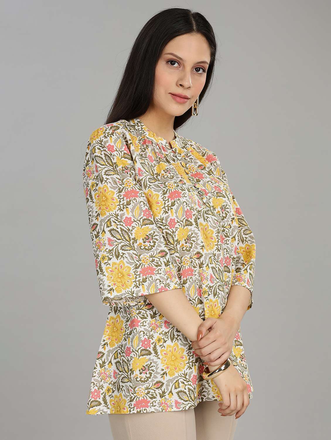 women floral printed three quarter sleeve ethnic top - 22007729 -  Standard Image - 1
