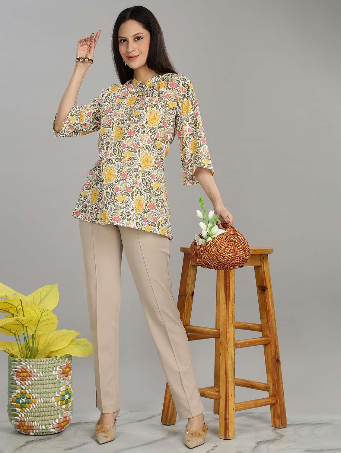women floral printed three quarter sleeve ethnic top - 22007729 -  Standard Image - 4