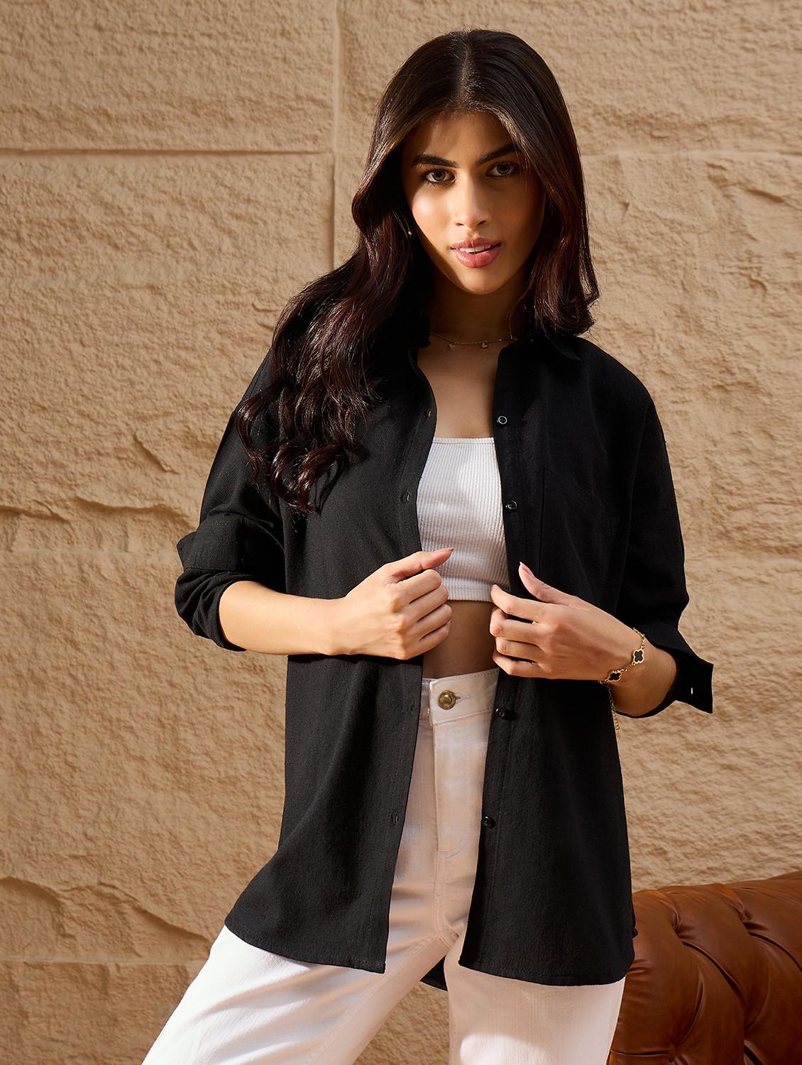women solid collared long sleeve oversized shirt - 22007738 - Standard Image - 1