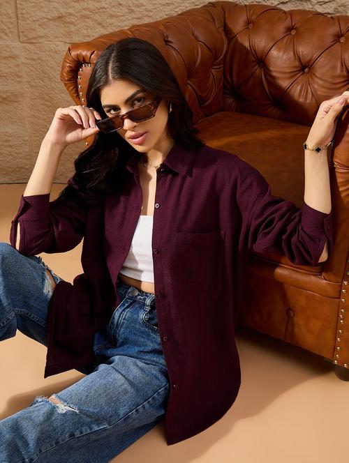 women solid collared long sleeve oversized shirt - 22007741 - Standard Image - 0