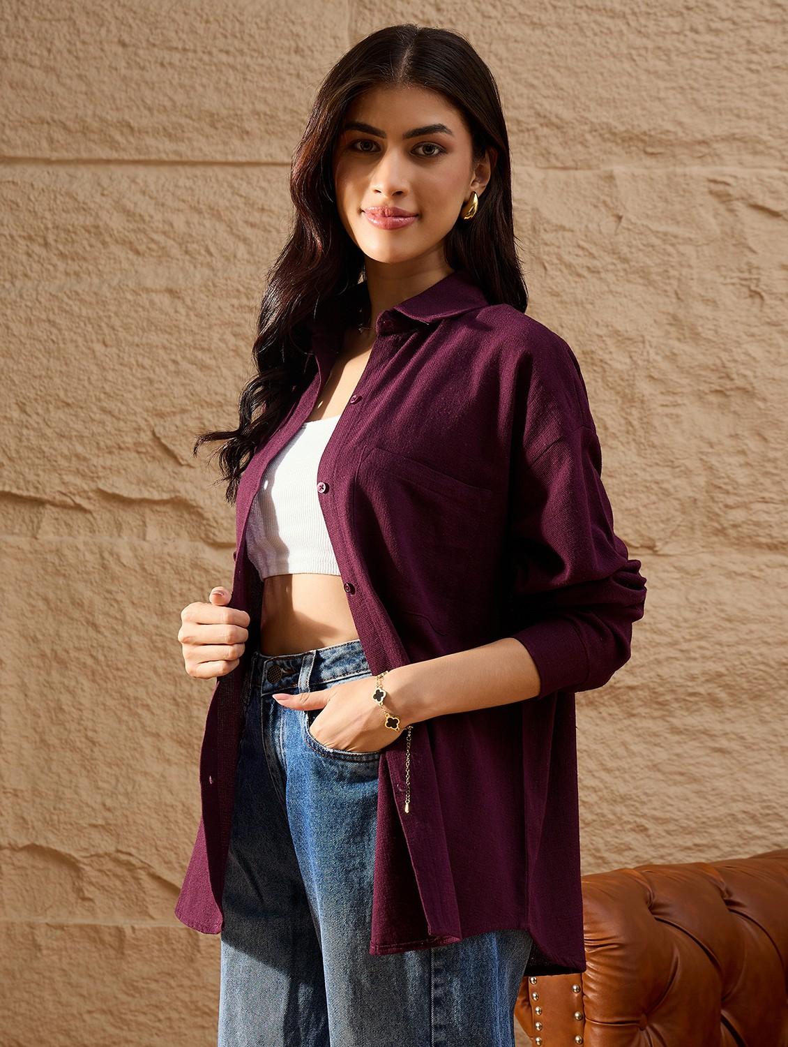 women solid collared long sleeve oversized shirt - 22007741 - Standard Image - 1