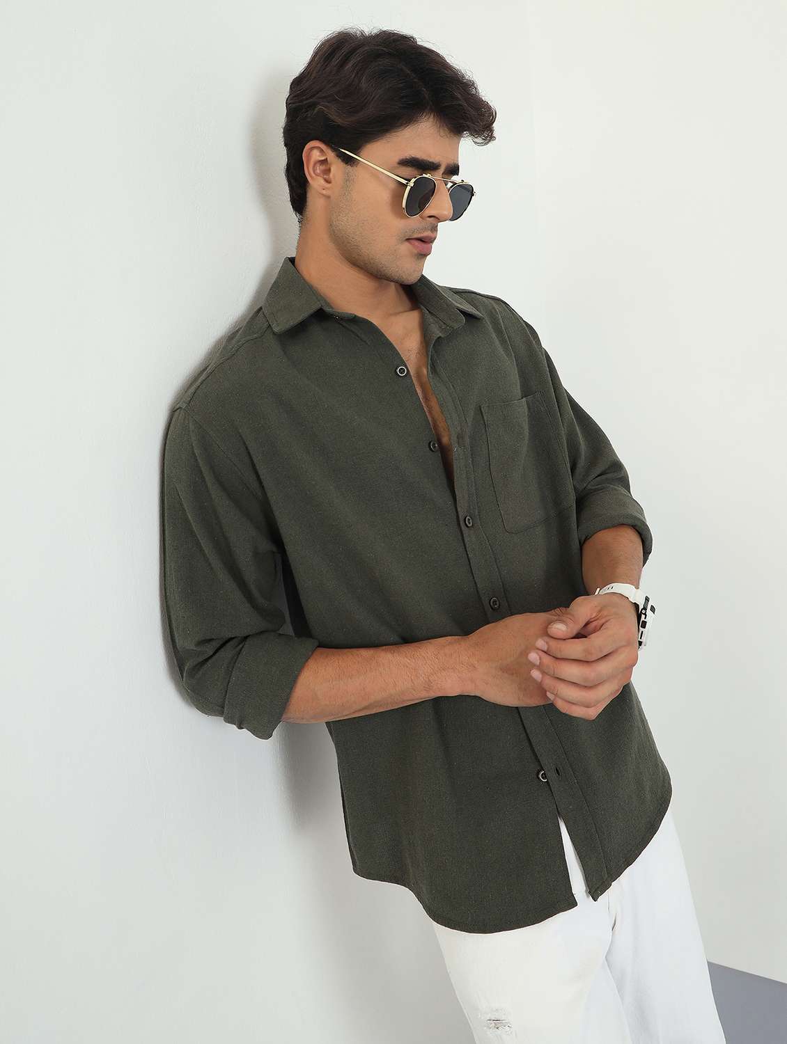 men solid long sleeve oversized casual shirt