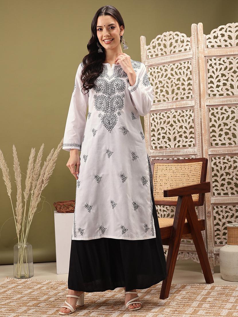 women solid with work long sleeve chikankari kurta - 22007782 - Zoom Image - 0