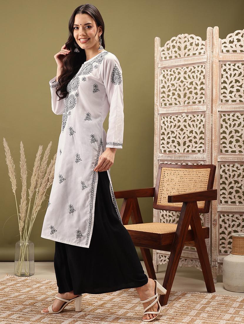women solid with work long sleeve chikankari kurta - 22007782 -  Standard Image - 1