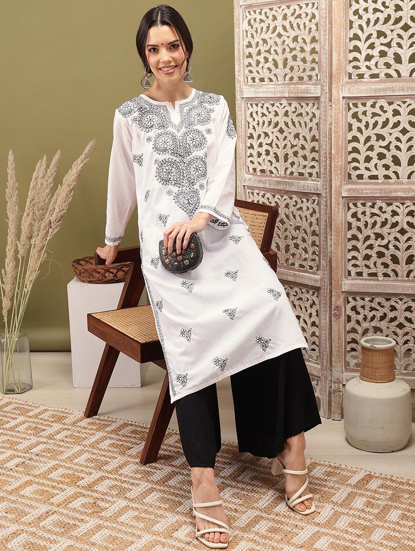 women solid with work long sleeve chikankari kurta - 22007782 - Standard Image - 4