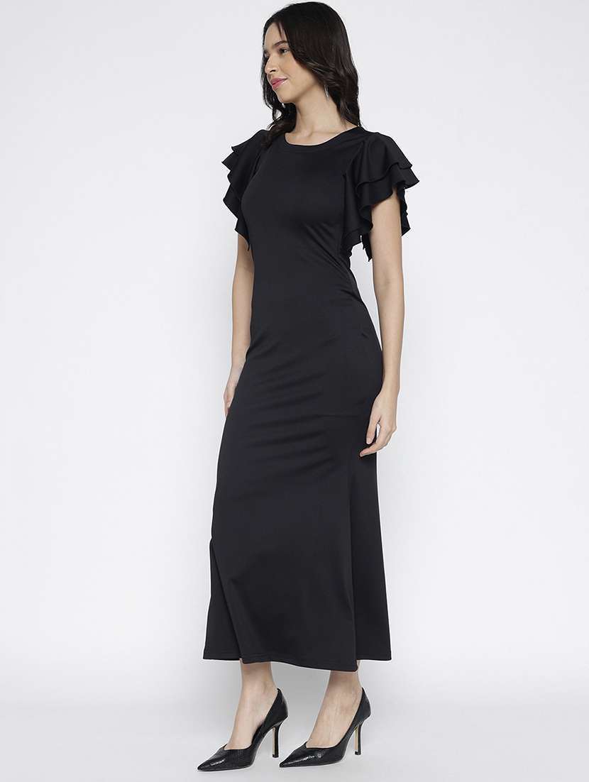 women black solid ruffle sleeve a-line dress - 22007783 -  Standard Image - 1