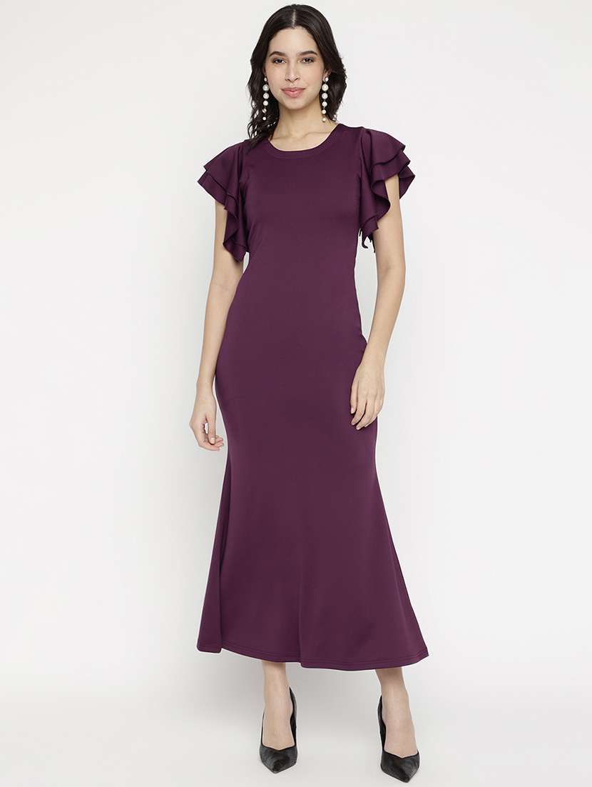 women purple solid ruffle sleevea-line dress