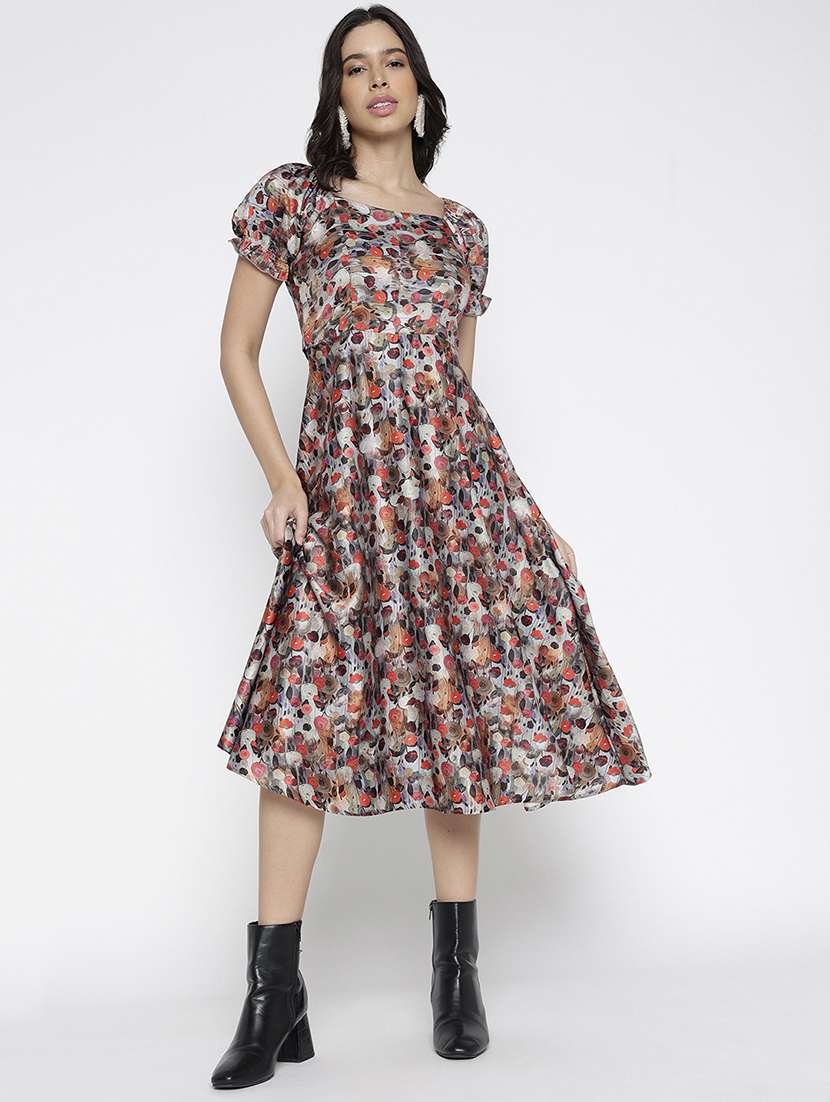 women printed puff sleevefit & flare dress - 22007786 -  Standard Image - 1