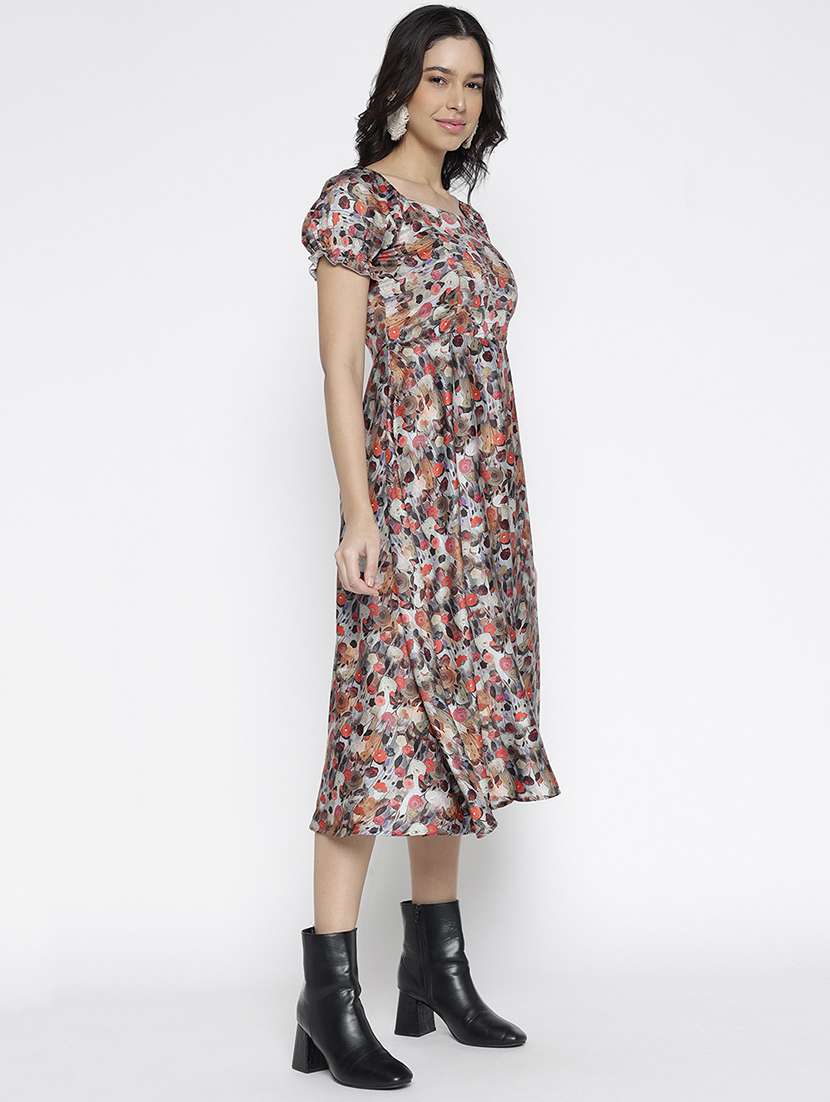 women printed puff sleevefit & flare dress - 22007786 -  Standard Image - 4