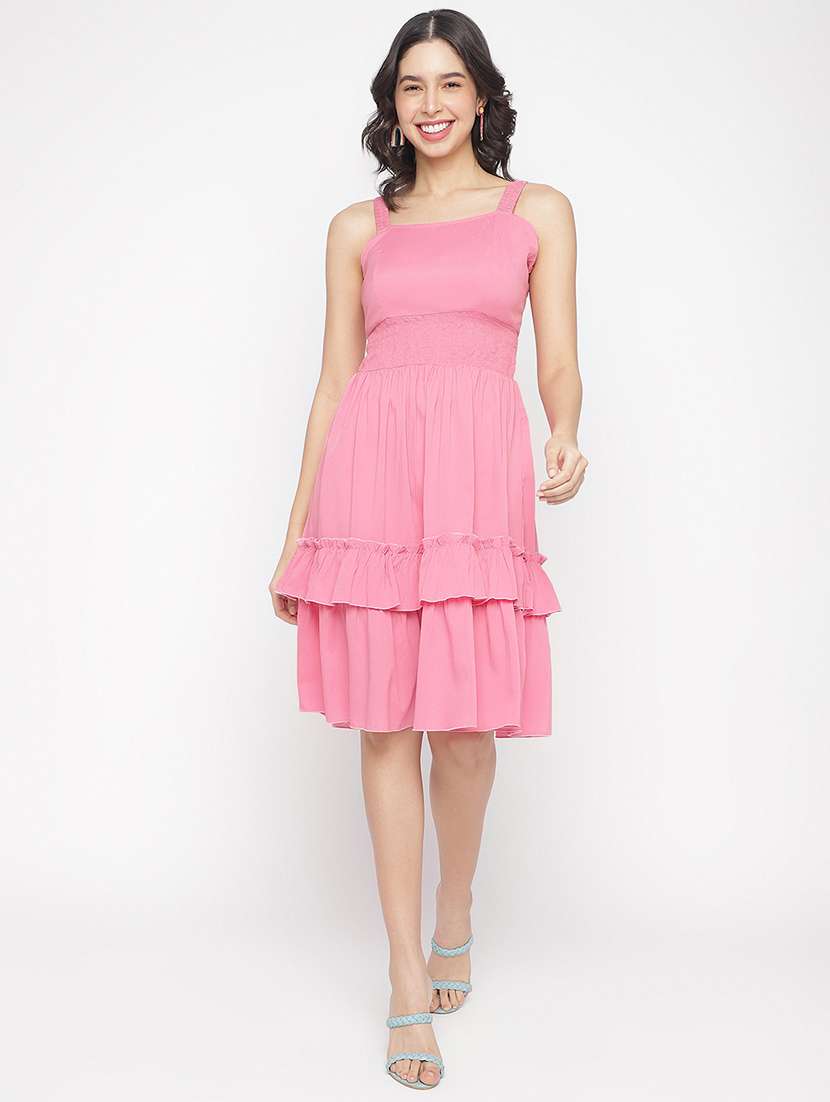 women pink solid sleeveless tiered dress