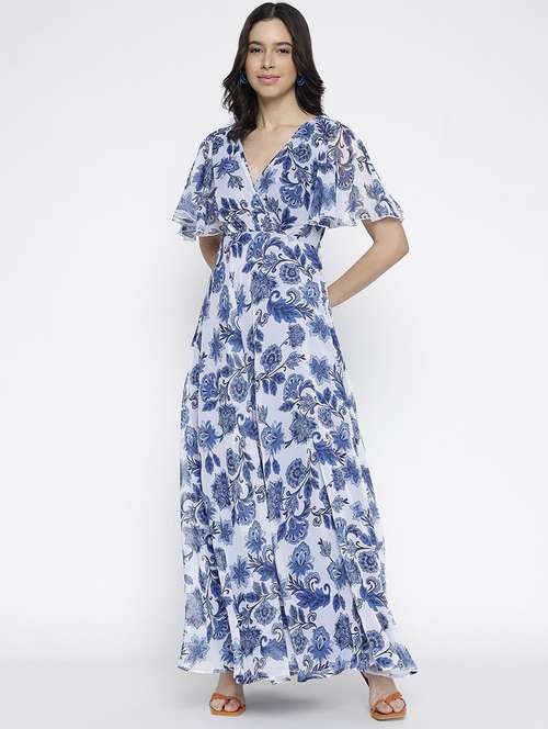 women printed flared sleeve fit and flare maxi dress - 22007792 - Standard Image - 0