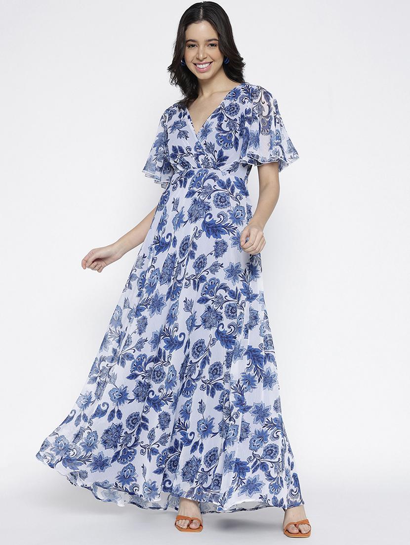 women printed flared sleeve fit and flare maxi dress - 22007792 - Standard Image - 1