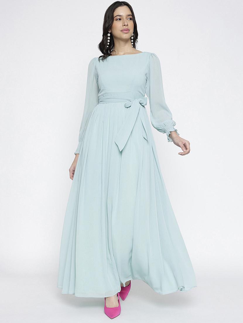women solid bishop sleeve maxi fit & flare dress - 22007798 - Standard Image - 1