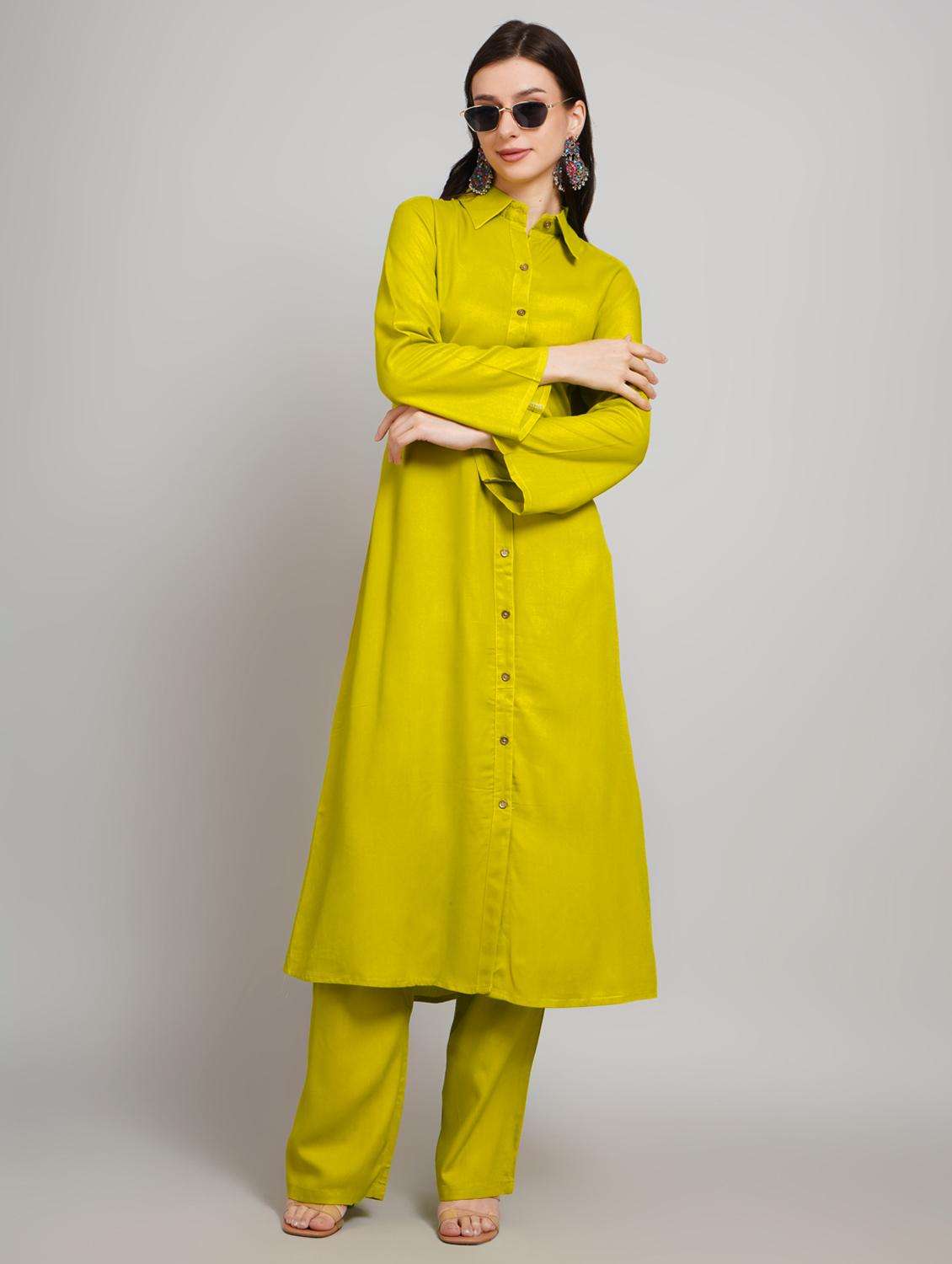 women solid long sleeve kurta pant set