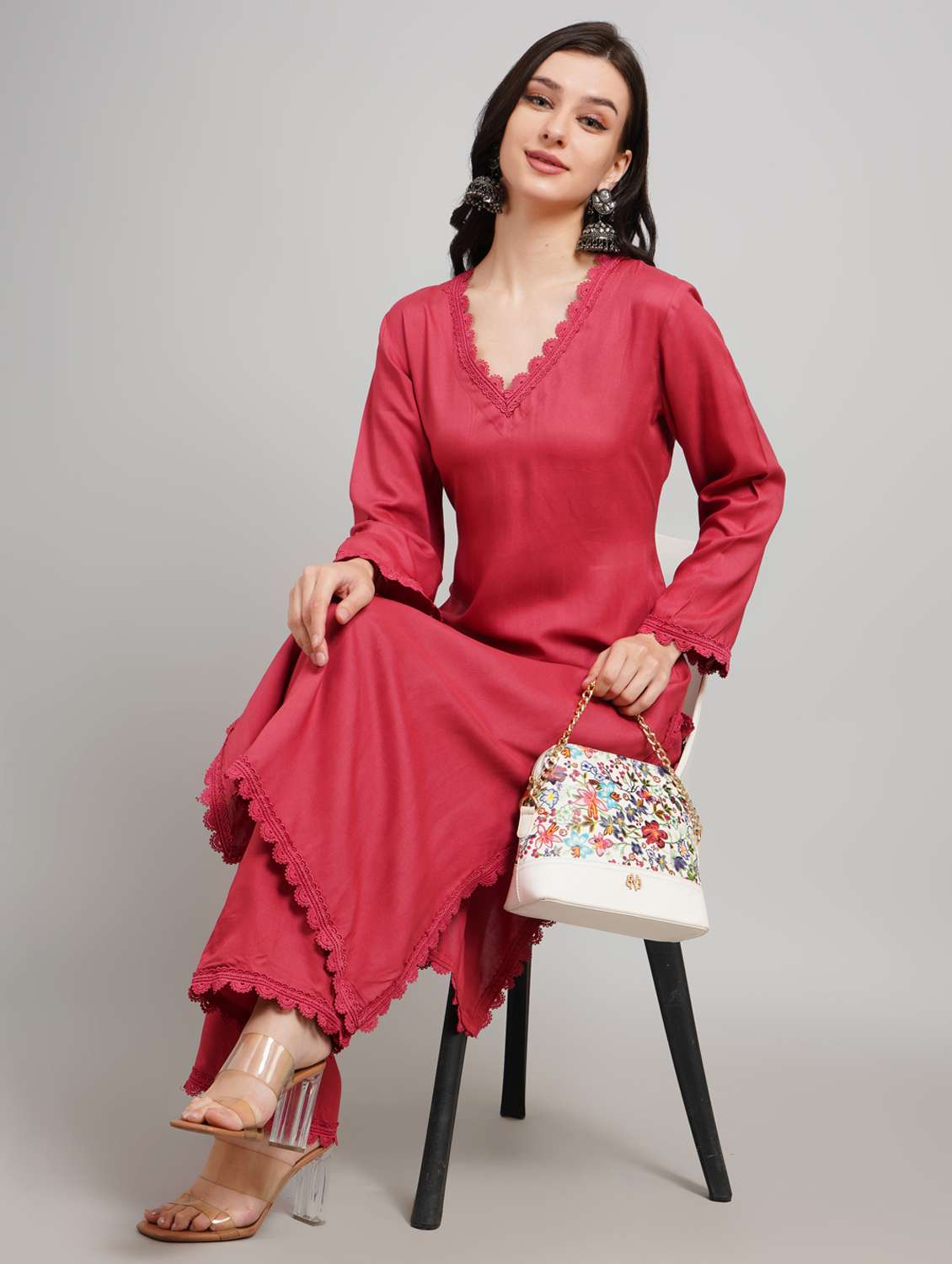 women solid long sleeve kurta pant set - 22007896 - Standard Image - 1