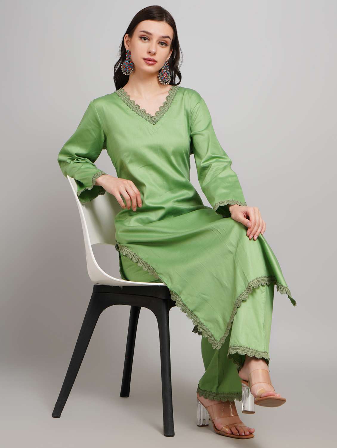 women solid long sleeve kurta pant set - 22007897 - Standard Image - 1