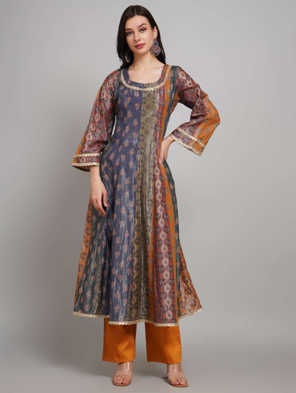 women printed long sleeve anarkali kurta pant set - 22007900 -  Standard Image - 1