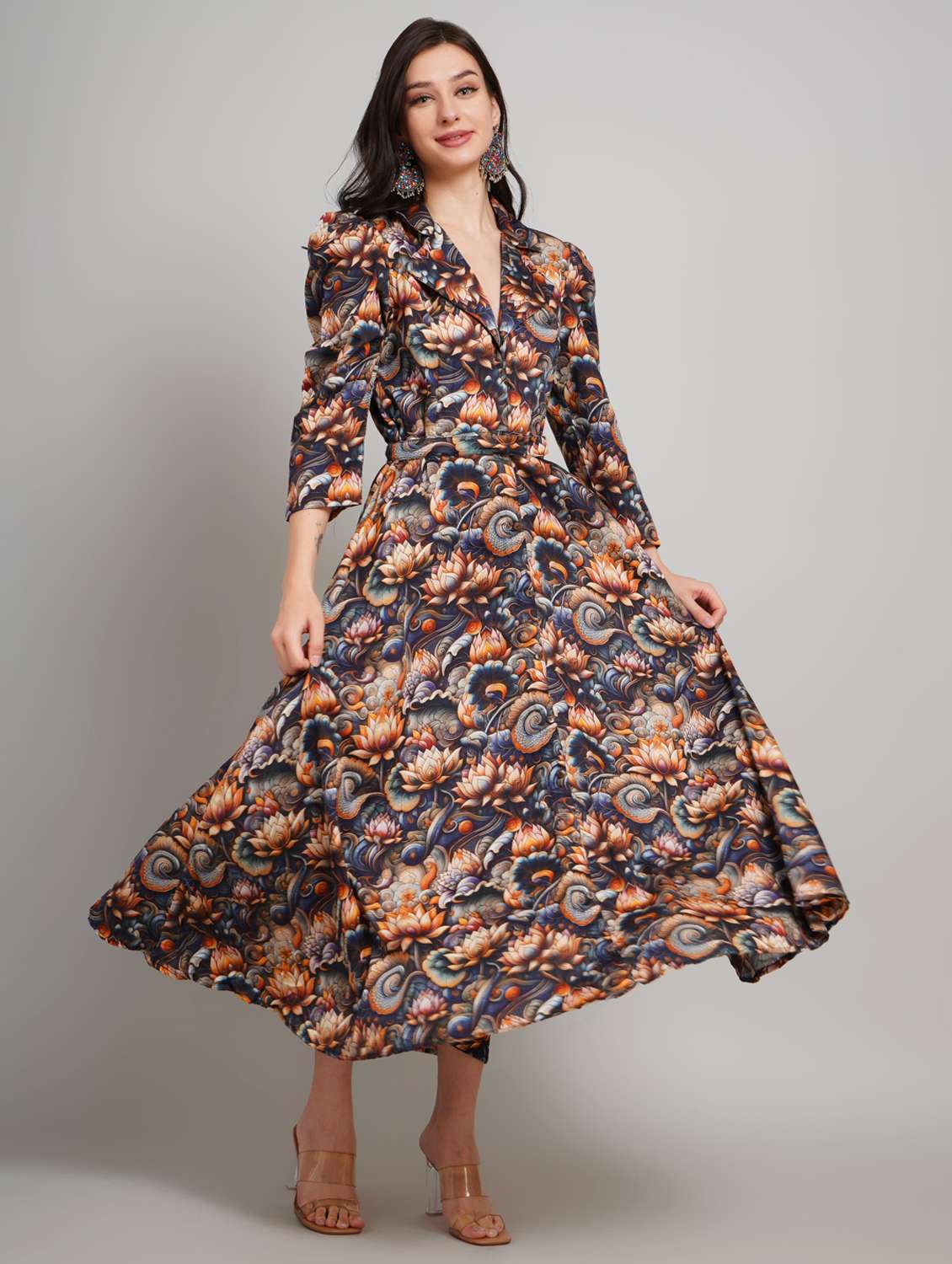 women floral printed lapel collar fit & flare dress