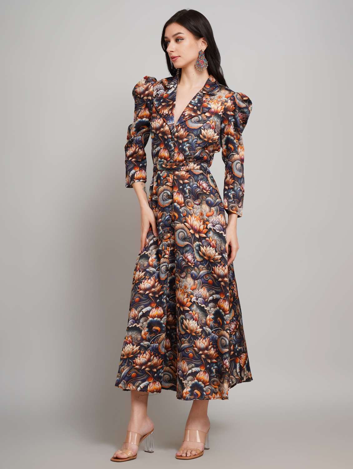 women floral printed lapel collar fit & flare dress - 22007904 - Standard Image - 1