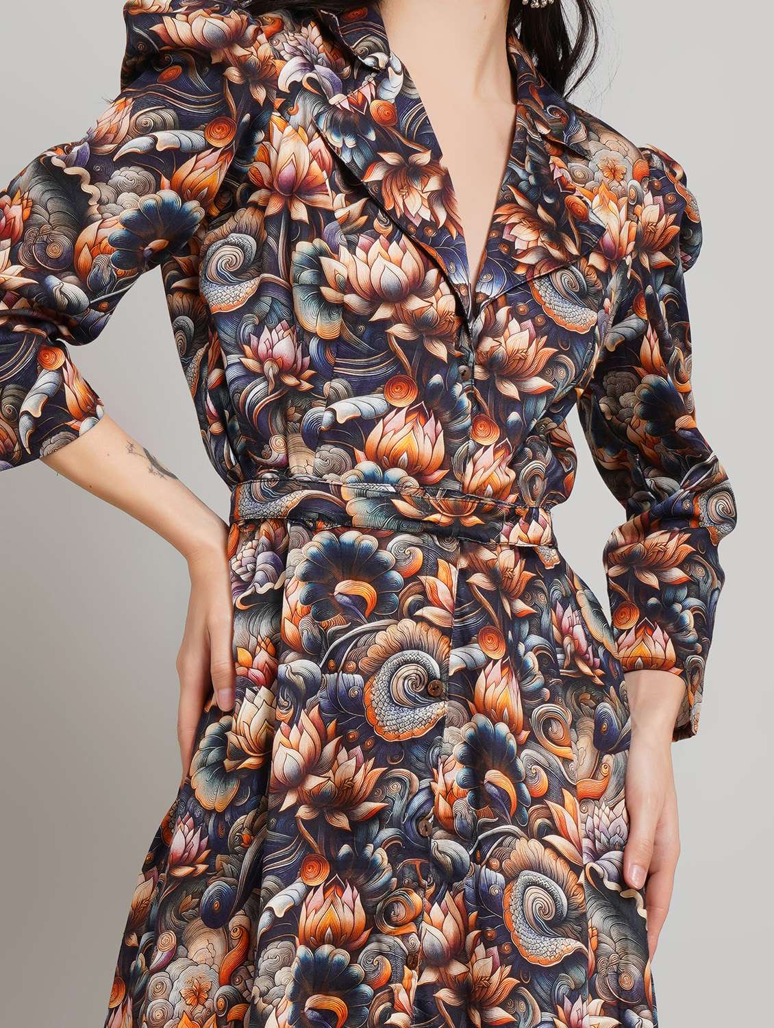 women floral printed lapel collar fit & flare dress - 22007904 - Standard Image - 4
