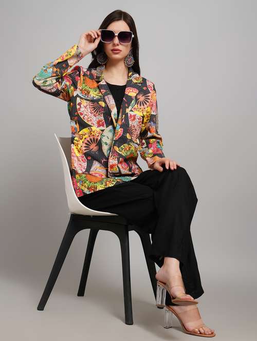 women solid sleeveless jumpsuit with printed blazer - 22007907 -  Standard Image - 0