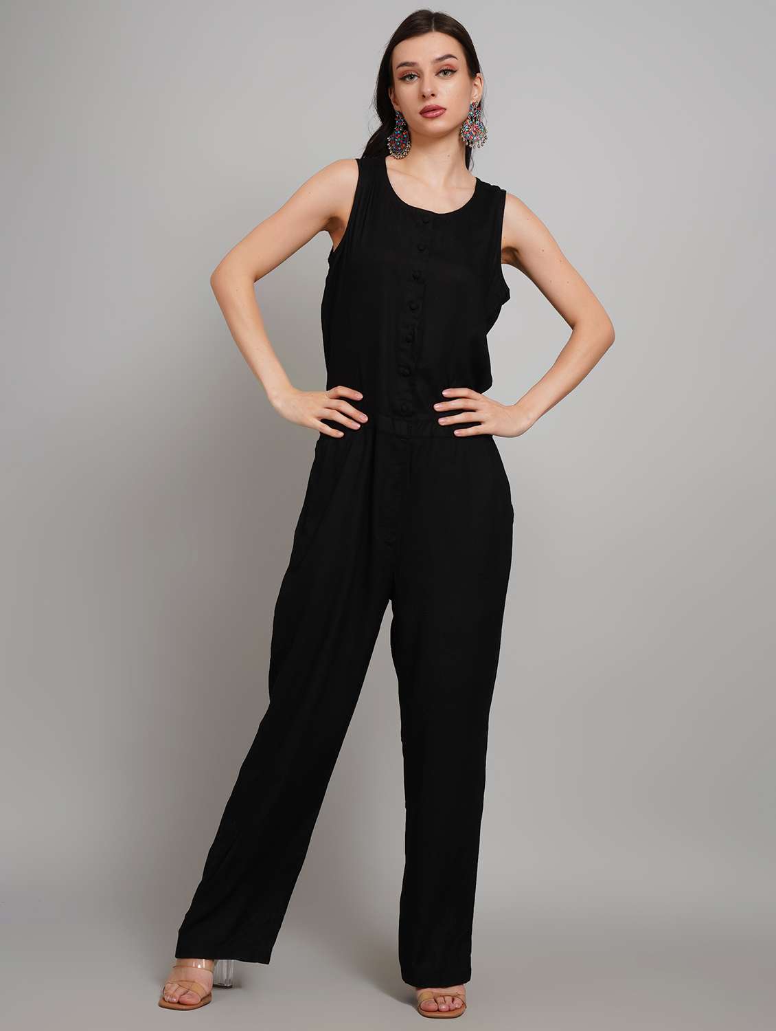 women solid sleeveless jumpsuit with printed blazer - 22007907 -  Standard Image - 1