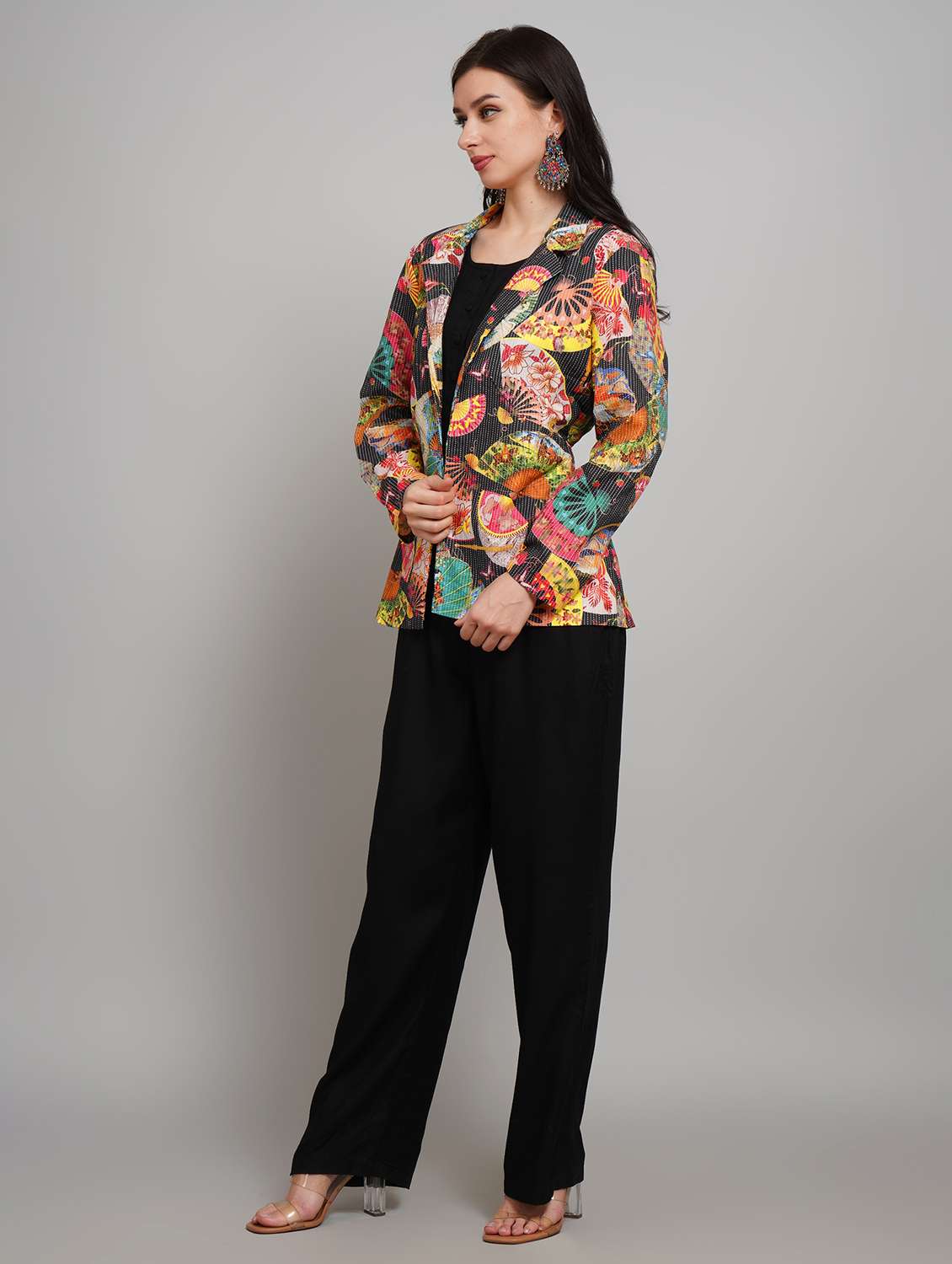 women solid sleeveless jumpsuit with printed blazer - 22007907 - Standard Image - 4