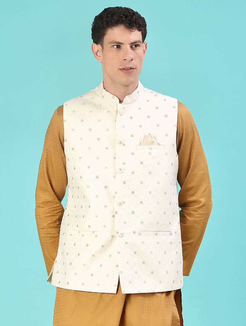 men solid with work mandarin neck regular fit nehru jacket - 22008030 -  Standard Image - 1