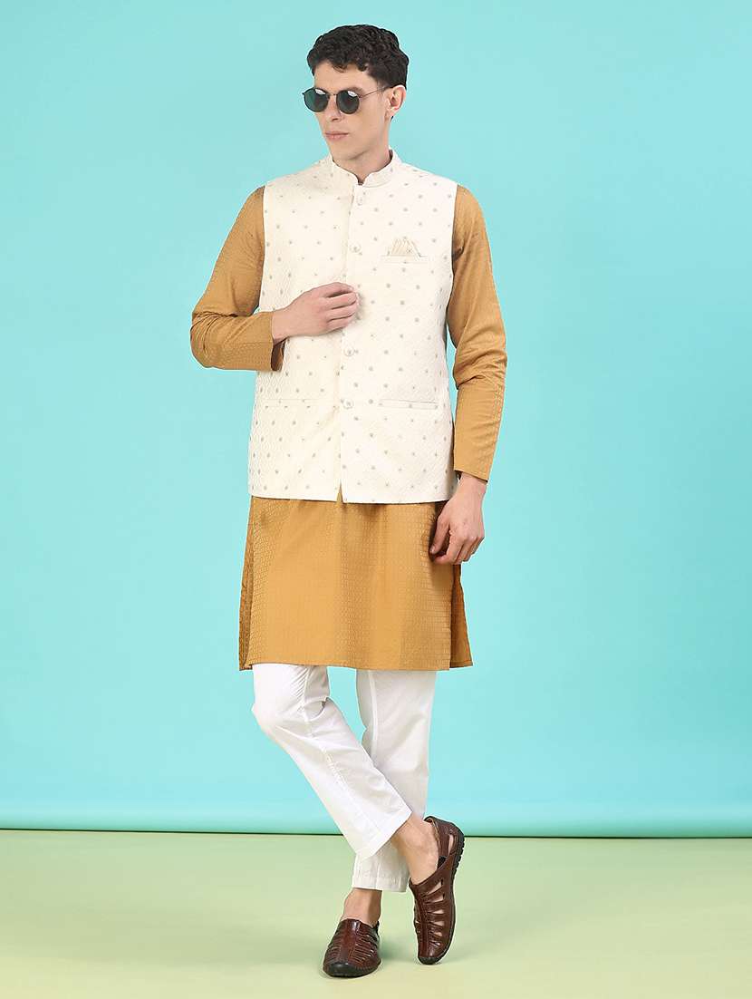 men solid with work mandarin neck regular fit nehru jacket - 22008030 -  Standard Image - 4
