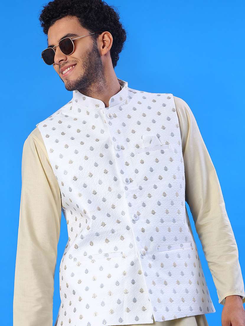 men solid with work mandarin neck regular fit nehru jacket