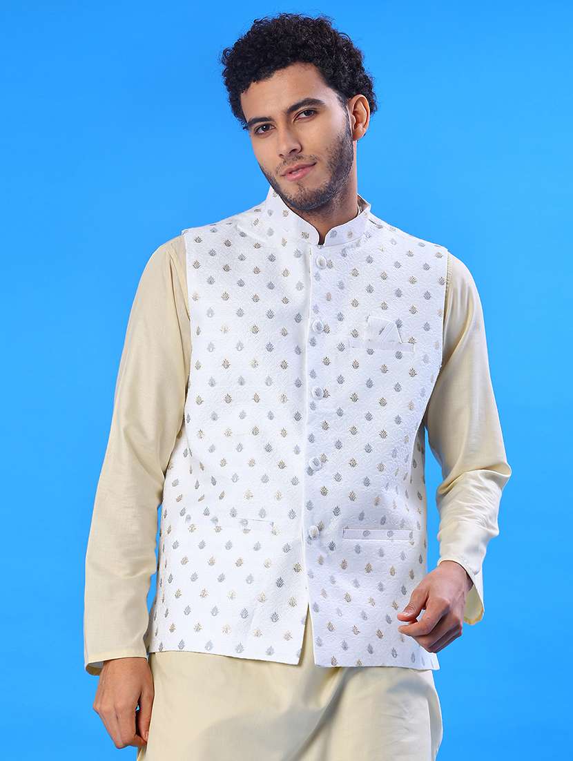 men solid with work mandarin neck regular fit nehru jacket - 22008031 -  Standard Image - 1