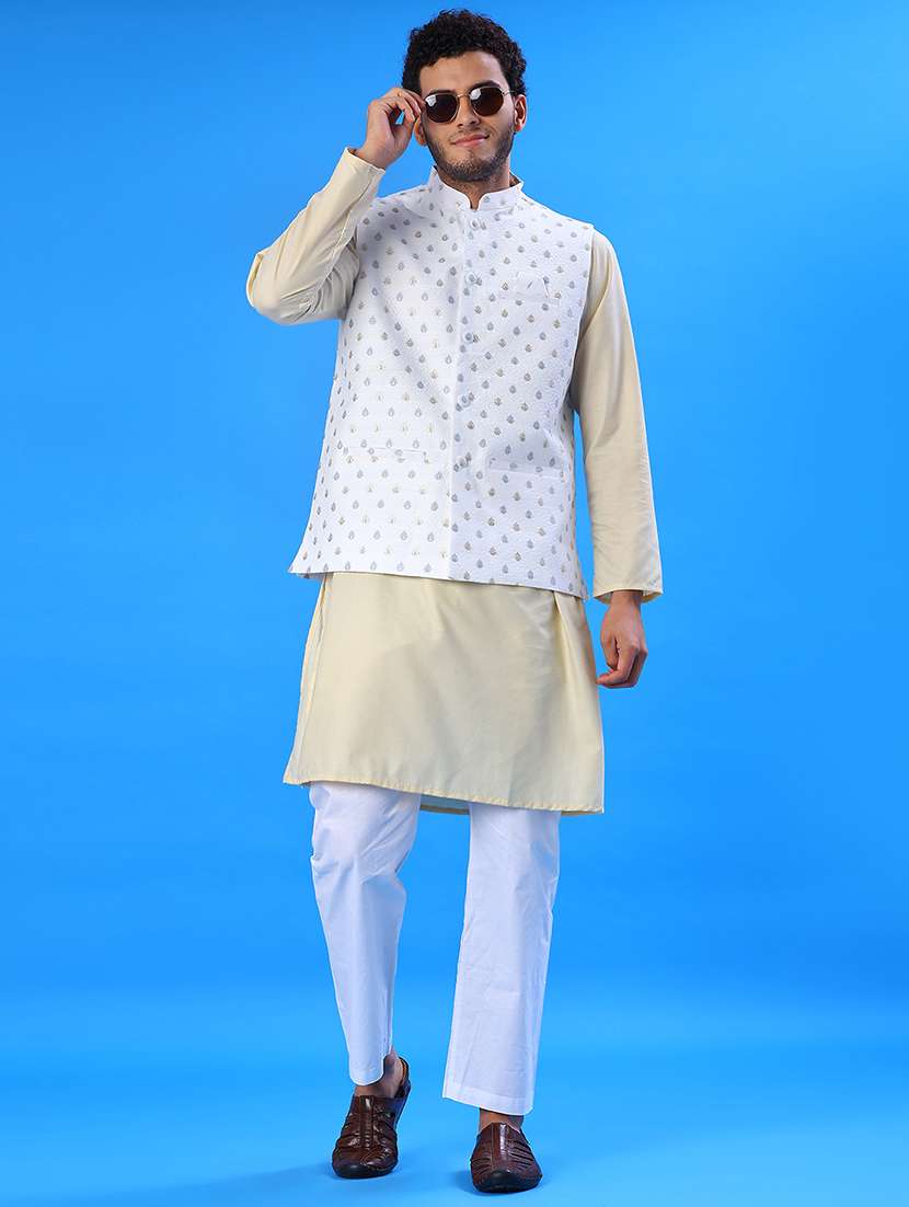 men solid with work mandarin neck regular fit nehru jacket - 22008031 -  Standard Image - 4