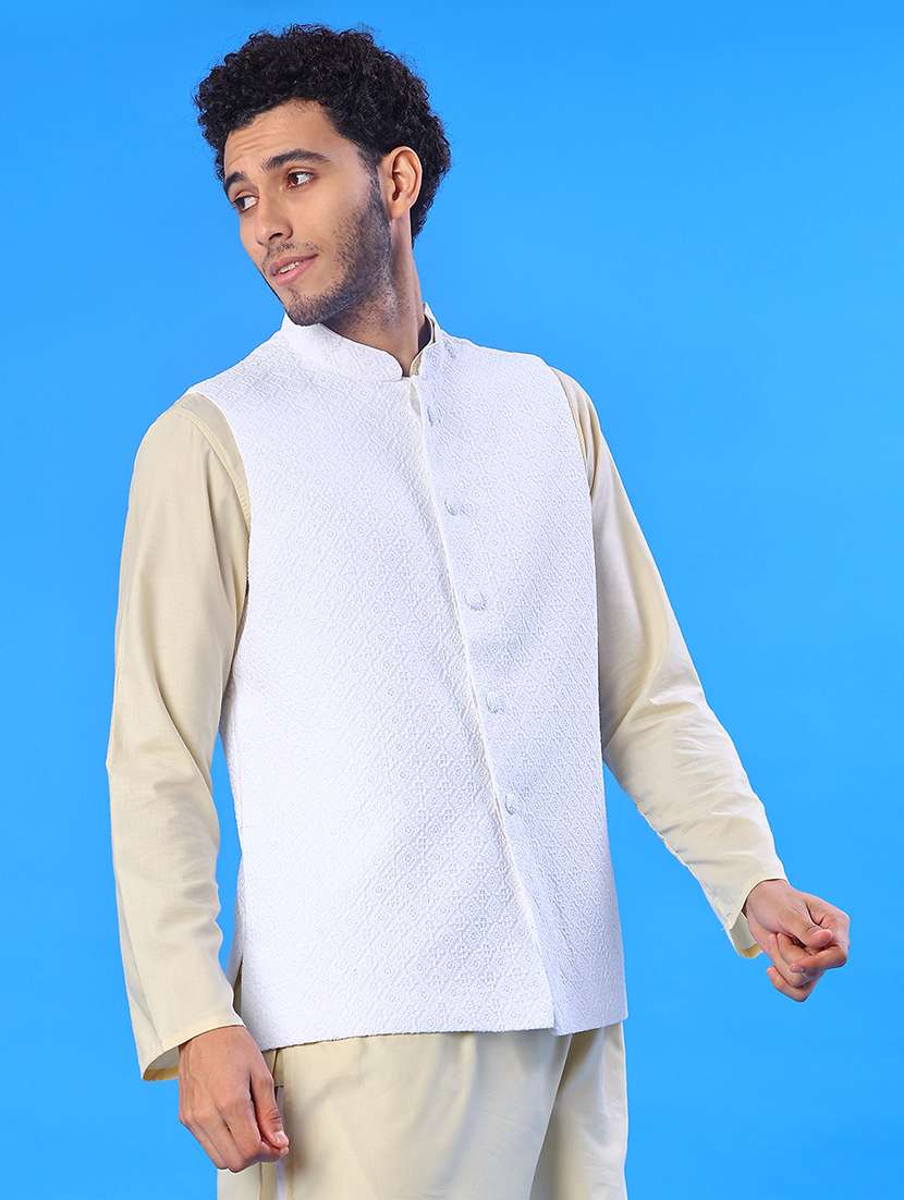 men solid with work mandarin neck regular fit nehru jacket - 22008032 -  Standard Image - 1