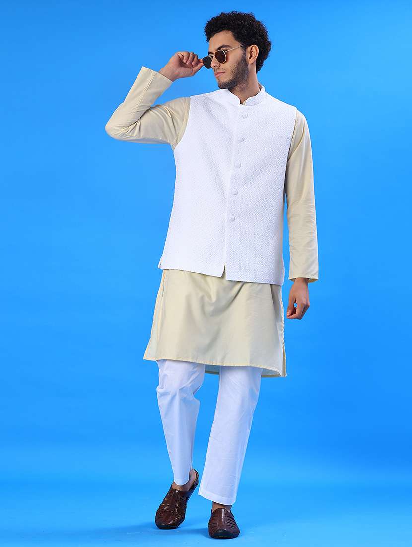 men solid with work mandarin neck regular fit nehru jacket - 22008032 -  Standard Image - 4