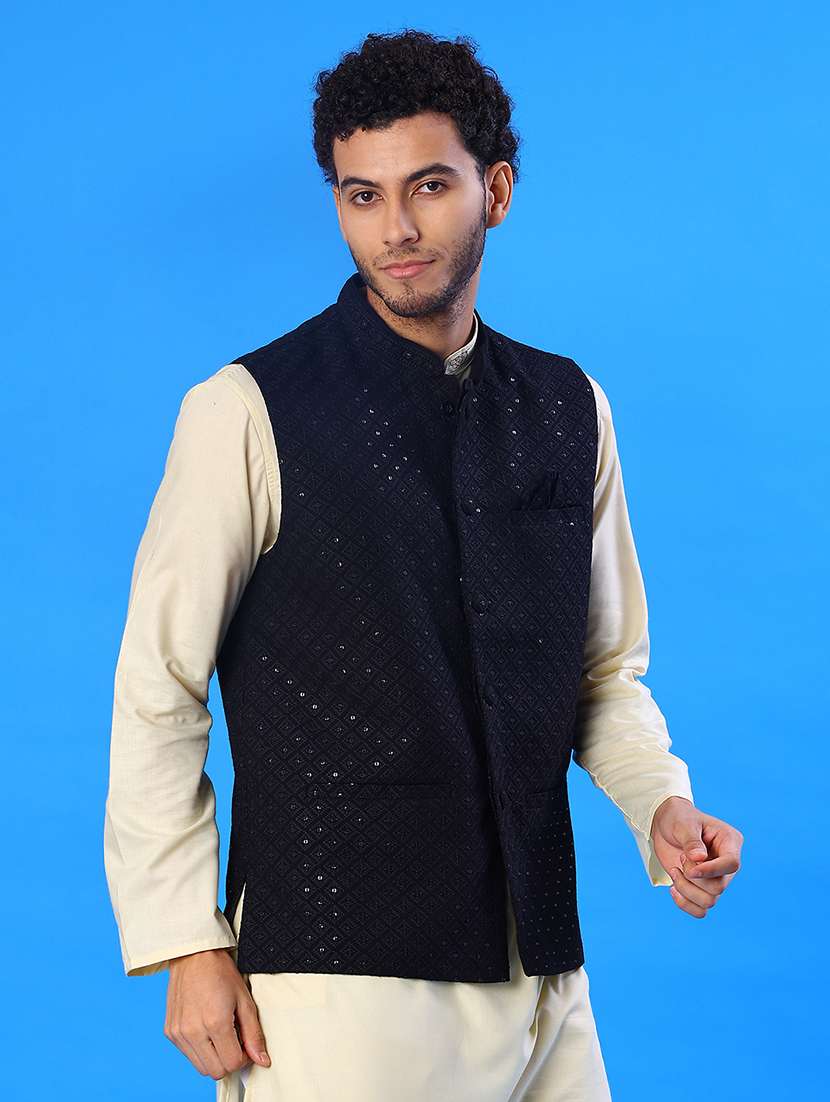 men solid with work mandarin neck regular fit nehru jacket - 22008033 -  Standard Image - 1