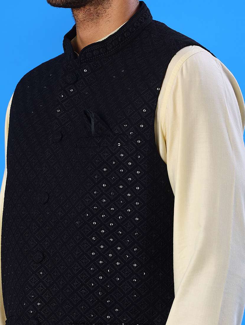 men solid with work mandarin neck regular fit nehru jacket - 22008033 -  Standard Image - 4