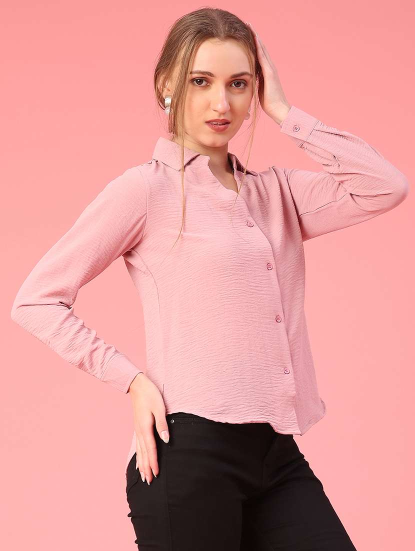 women solid collared long sleeve high low shirt - 22008174 -  Standard Image - 1