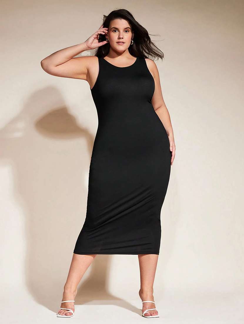 women plus size solid round neck slim fit bodycon dress - 22008239 -  Standard Image - 1