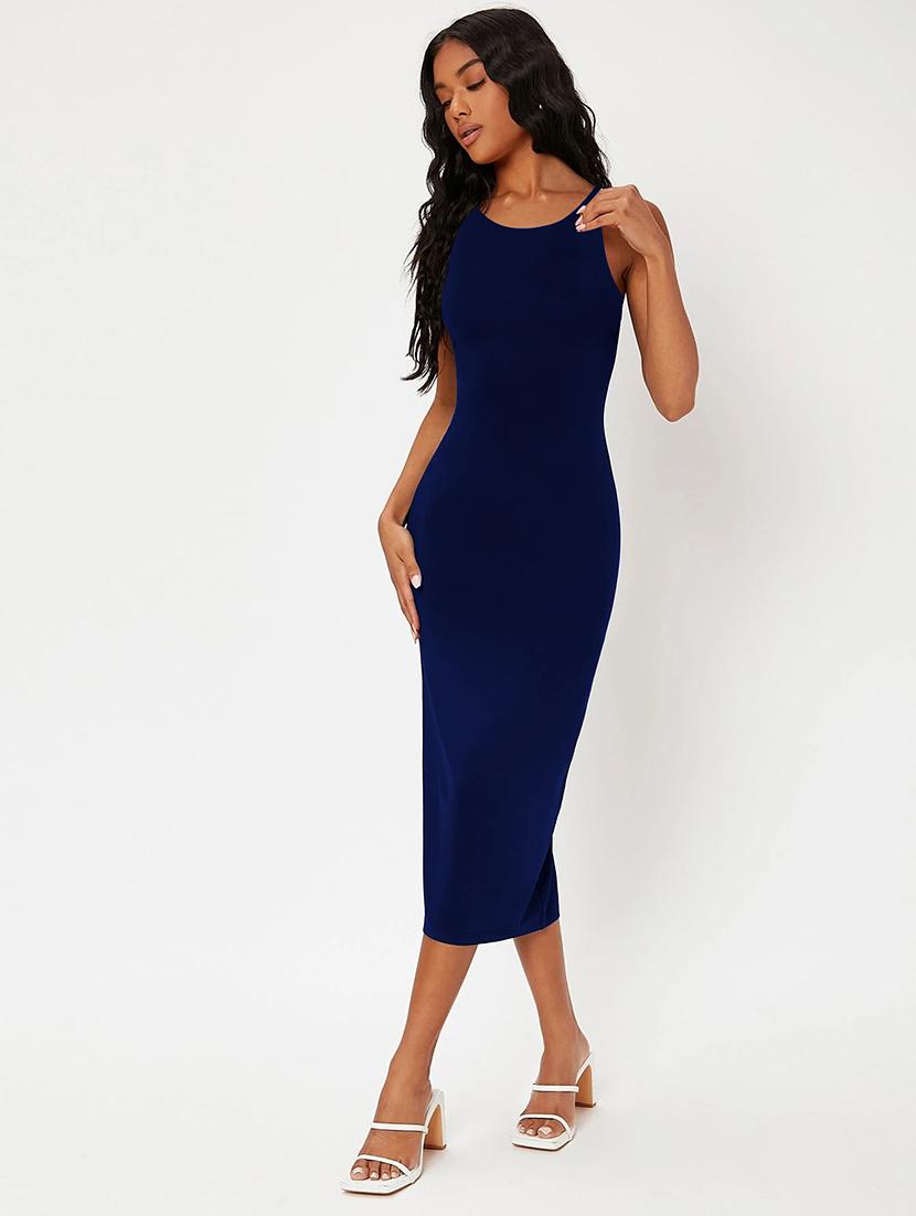 women solid round neck slim fit bodycon dress - 22008240 -  Standard Image - 1