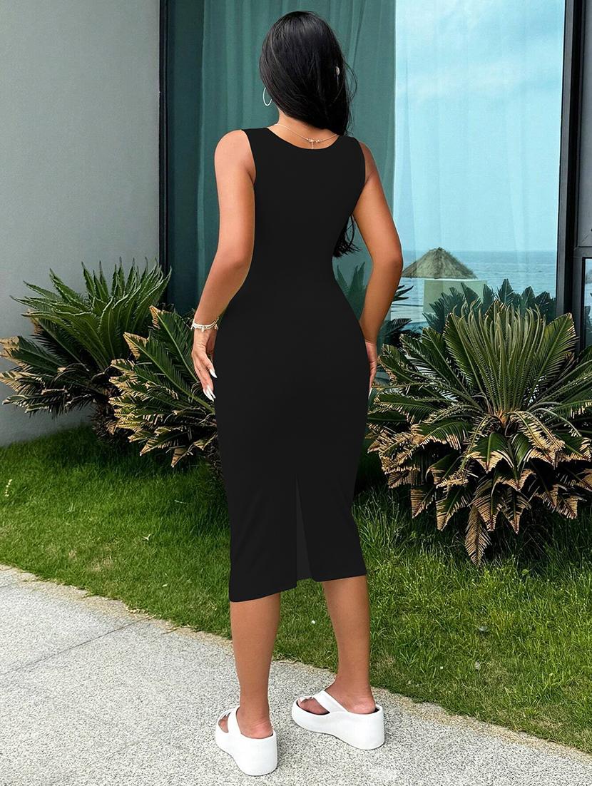 women solid round neck slim fit bodycon dress - 22008246 - Standard Image - 4