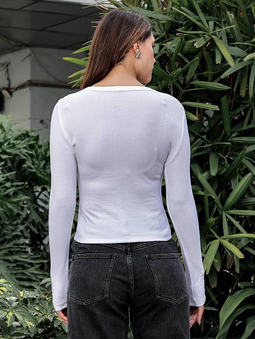 women solid embroidered long sleeve slim fit top - 22008256 - Standard Image - 4