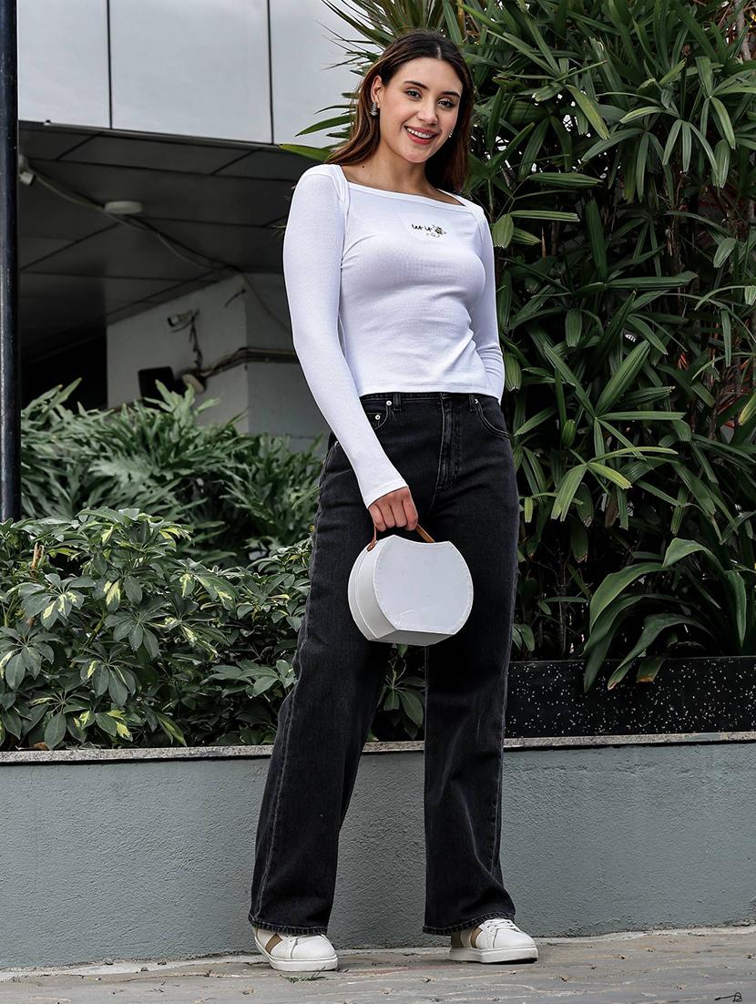 women solid embroidered long sleeve slim fit top - 22008256 - Standard Image - 6