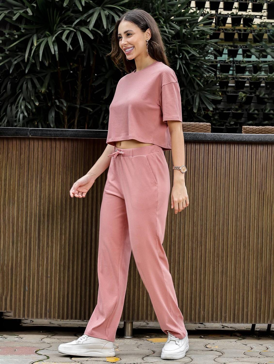 women solid short sleeve t-shirt & trouser co-ord set - 22008341 - Standard Image - 1