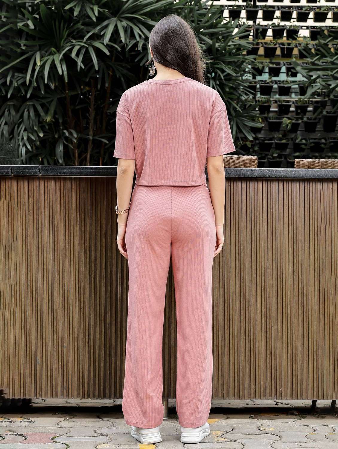 women solid short sleeve t-shirt & trouser co-ord set - 22008341 - Standard Image - 4