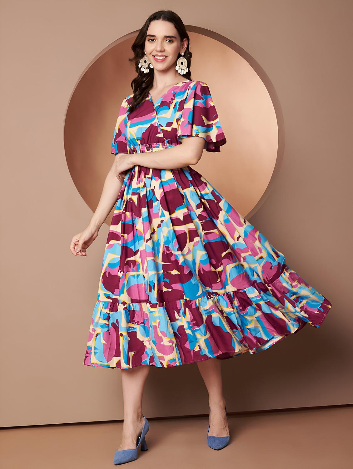 women abstract print flared sleeve tiered dress - 22008635 -  Standard Image - 1