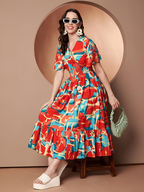women abstract print flared sleeve tiered dress - 22008636 -  Standard Image - 0