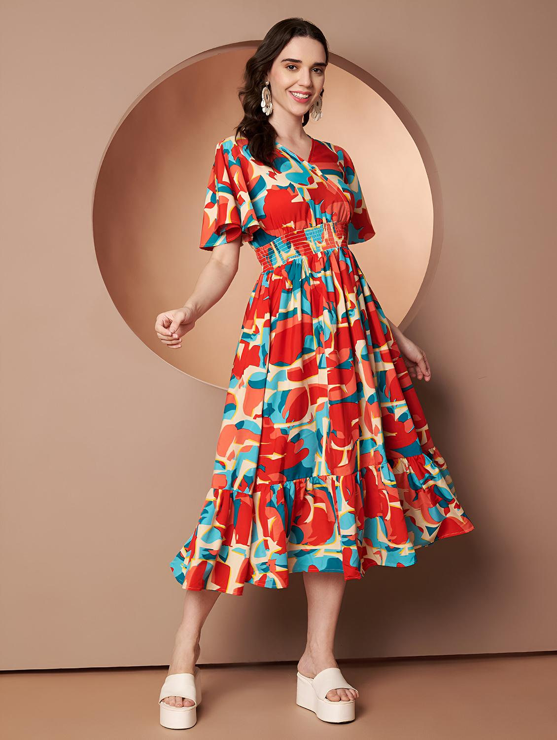 women abstract print flared sleeve tiered dress - 22008636 -  Standard Image - 1