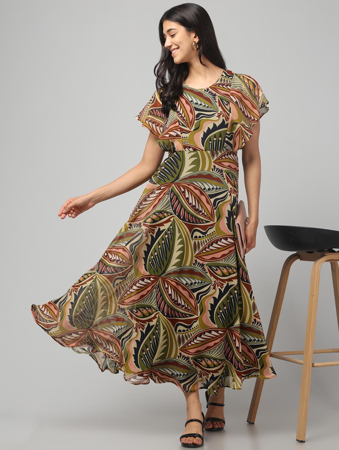 women printed flared sleeve fit and flared dress - 22008641 - Standard Image - 1