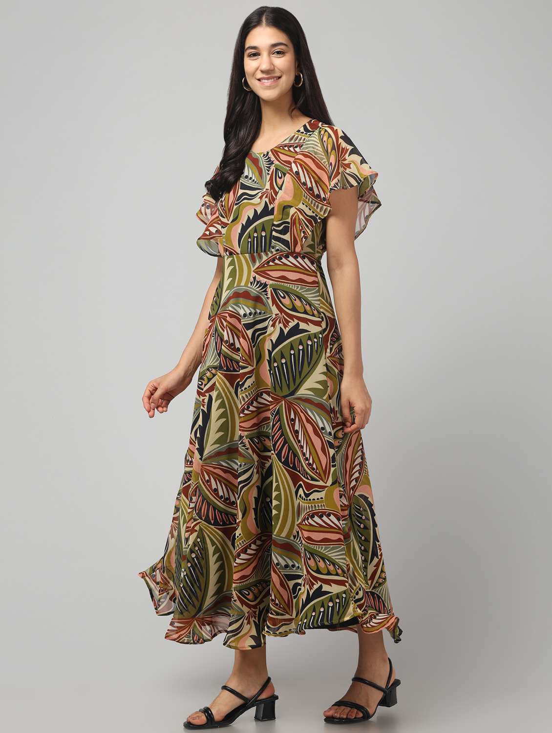 Women Printed Flared Sleeve Fit And Flared Dress